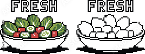 Pixel art illustration of two bowls of fresh salad ingredients