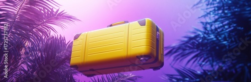 Bright Yellow Suitcase Floating Above Tropical Palm Leaves at Sunset