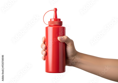 Hand Holding Red Ketchup Bottle on Transparent Background in Kitchen Setting for Food Photography