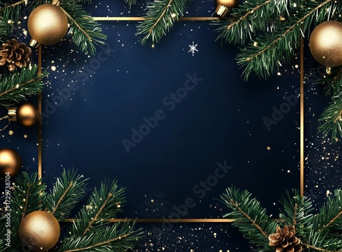Festive Holiday Decorations With Golden Ornaments and Fir Branches on a Dark ...