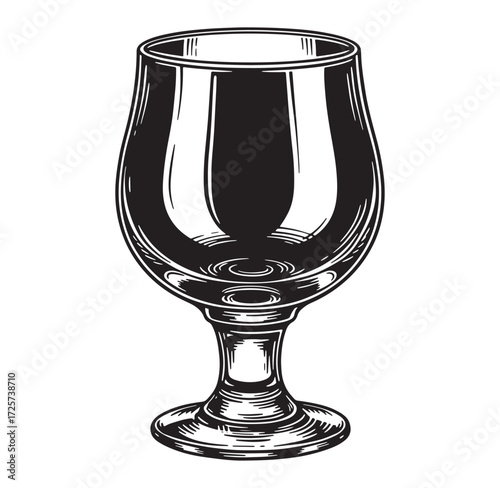 Detailed black and white engraved illustration of a snifter glass for alcoholic beverages