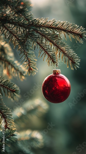 Red Ornaments Hang on Evergreen Branches During Winter Holiday Season.