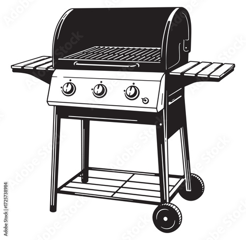 Detailed black and white illustration of a classic outdoor gas grill for cooking