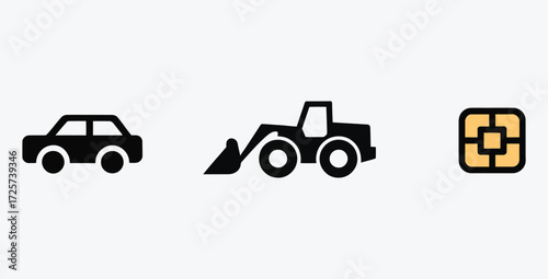 Transportation vehicles and technology flat icons featuring car bulldozer and chip