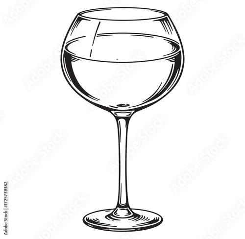 Elegant hand drawn wine glass filled with liquid isolated on white background