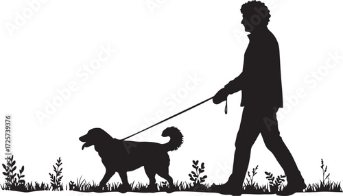 PrintDog walking silhouette, person with pet, outdoor activity, black figure art, leash motion, grassy path, daily routine, companionship moment,