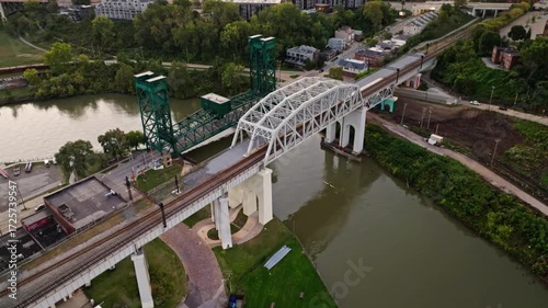 Aerial view of the 1884 railway bridge crossing the muddy cuyahoga river