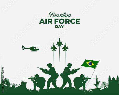 Brazilian Air Force Day. 23 October. Holiday concept. Celebration of Brazilian Air Force Day with Military Equipment and Soldiers. Background with banner, poster and card. Vector illustration.