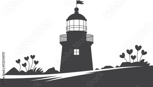 Silhouette of a lighthouse on a rocky shore with heart shaped plants