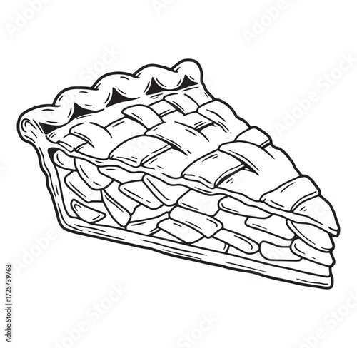 Hand drawn black and white illustration of a delicious slice of apple pie dessert