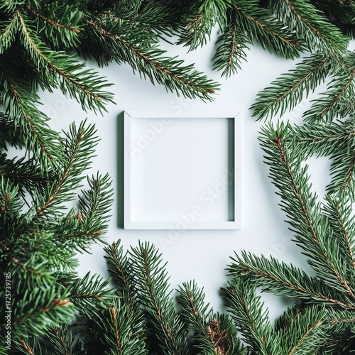 Green Pine Branches Surround a Blank Frame on a Light Background for Festive ...