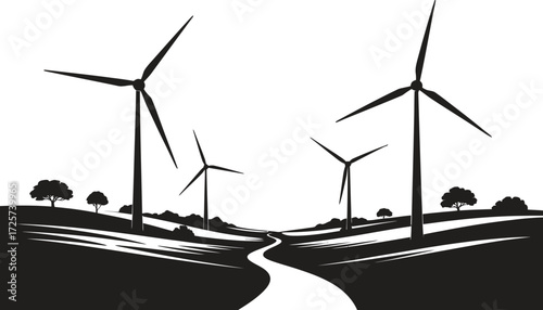 Wind turbines on rolling hills with a winding path and trees