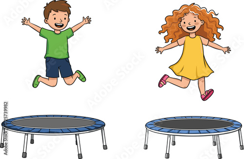 Children jumping on trampolines, playful outdoor activity, energetic kids having fun, physical exercise and recreation, cad drawing flat vector illustration, joyful childhood sports scene