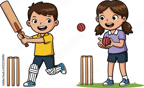 Cartoon children playing cricket, boy with bat and girl with ball, colorful sports vector illustration for kids activity, outdoor game scene
