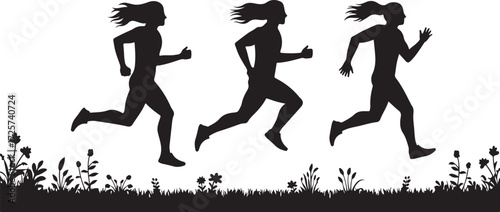 PrintSilhouette, person, running, motion, stride, fitness, exercise, outdoor, grass, flowers, nature, black, white, minimal, movement, athletic, speed, progression, dynamic, energy