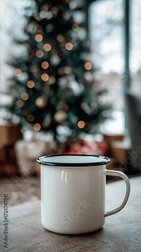 Cozy Cup of Warm Drink in Front of Christmas Tree With Gifts in the Background.