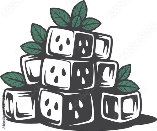 Stack of fresh tofu cubes garnished with green mint leaves