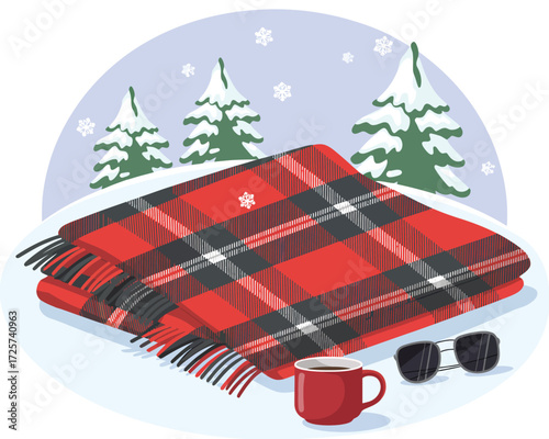 Cozy Winter Scene with Plaid Blanket, Coffee, and Sunglasses