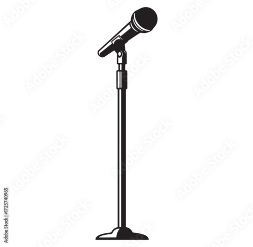 Monochrome illustration of a professional microphone and stand ready for performance