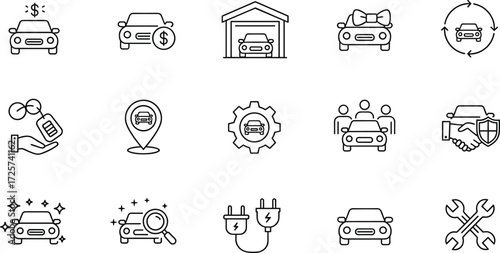 Car dealership and rental icons set, auto sales, leasing, insurance, service, electric vehicle vector illustration