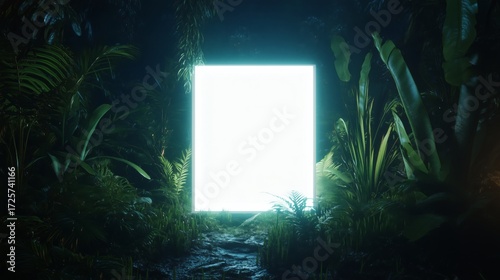 Bright Portal Glowing in a Lush Jungle Surrounded by Vibrant Greenery and Tro...