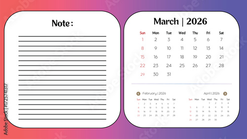 Modern vector design for a March 2026 monthly calendar page with a corresponding lined note section for planning and organization