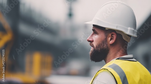 Modern infrastructure development concept with construction worker in safety gear and dramatic lighting