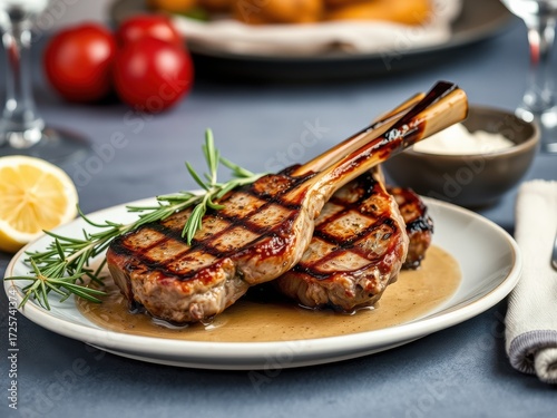 Appetizing grilled lamb chops served on a plate with rosemary and lemon