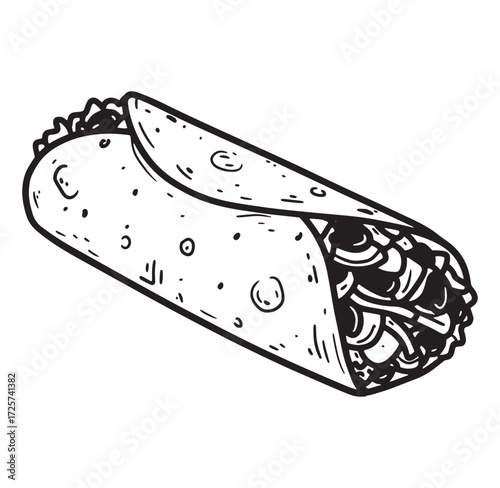 Simple black and white illustrated burrito vector for mexican food restaurant design