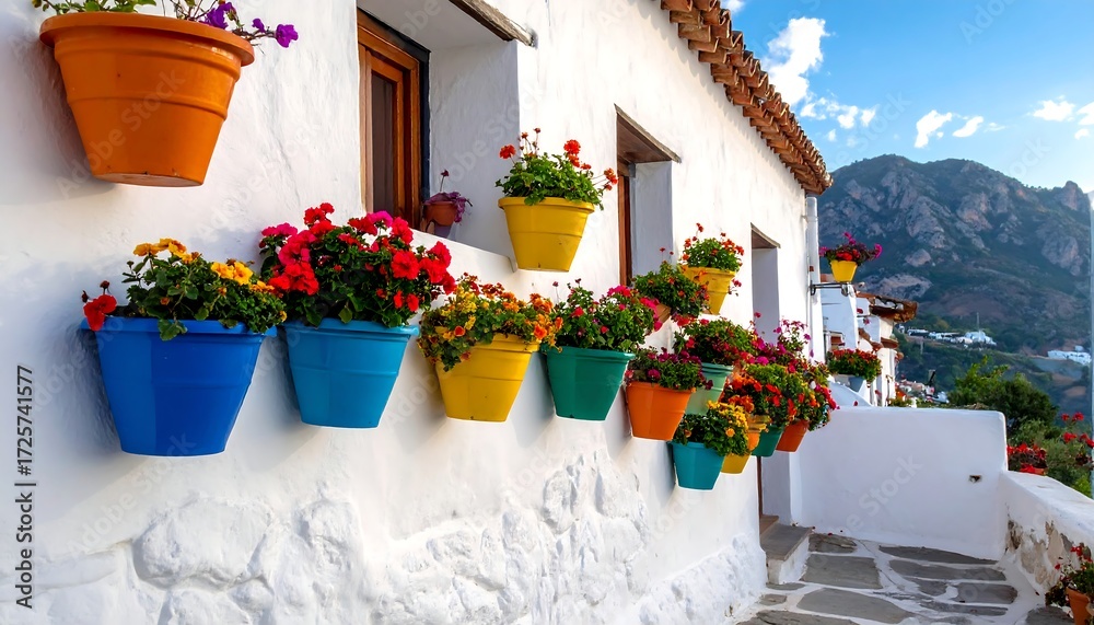Naklejka premium Colorful flower pots on a white wall