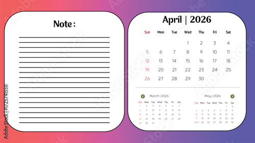 April 2026 Calendar with Notes Printable Monthly Planner