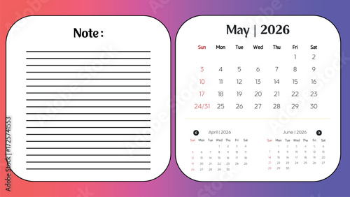 May 2026 Calendar with Notes Printable Monthly Planner