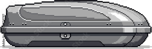 A pixel art illustration of a gray car roof cargo box.
