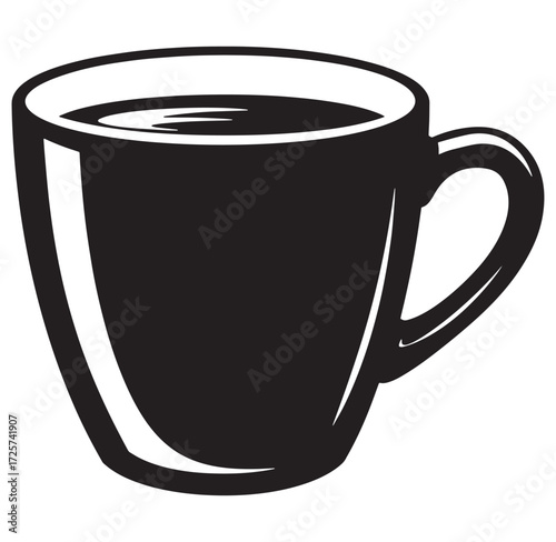 Simple black and white illustration of a coffee mug filled with dark beverage