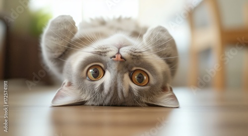 Cute Gray Cat Lying Upside Down on a Wooden Floor in a Bright Room
