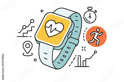 Fitness tracker displaying heart rate and running metrics in a vibrant graphic design with icons