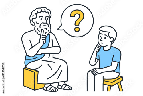 Philosopher engages in thoughtful dialogue with a curious young boy about life's questions