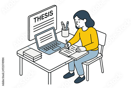 College student working on thesis at desk with laptop and books in a bright study space