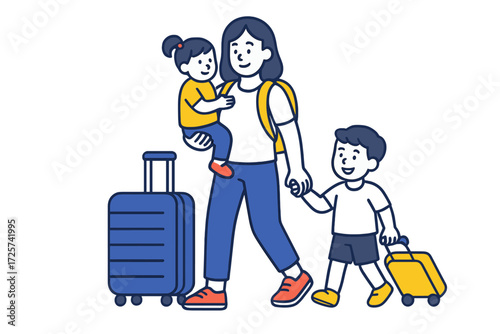 Family enjoys travel adventure with kids, carrying luggage at an airport during summer vacation