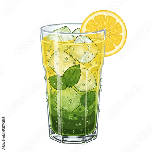 Refreshing Matcha Lemonade Clipart Vector, Vibrant Summer Drink with Ice Cubes, Mint Leaves, and Citrus