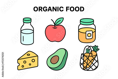Various healthy organic food items displayed including milk, apple, juice, cheese, and avocado in a colorful arrangement