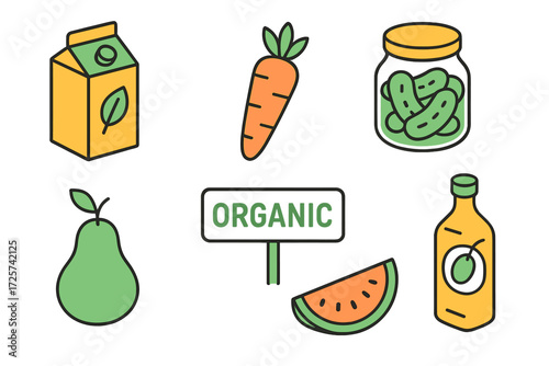 Colorful organic food illustrations showcasing healthy choices for a balanced lifestyle