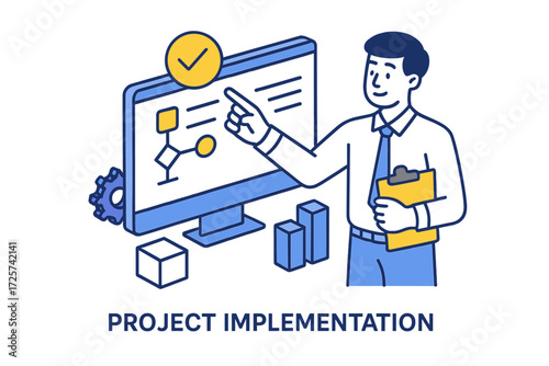 Professional pointing at computer monitor while discussing project implementation with confidence and clarity in an office setting