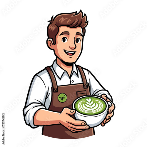 A friendly cartoon barista in a brown apron holding a cup of matcha green tea latte with leaf art.