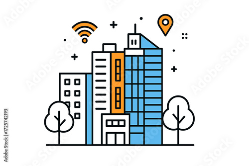 Modern city buildings with wireless signal and location marker in a vibrant illustration representing urban connectivity