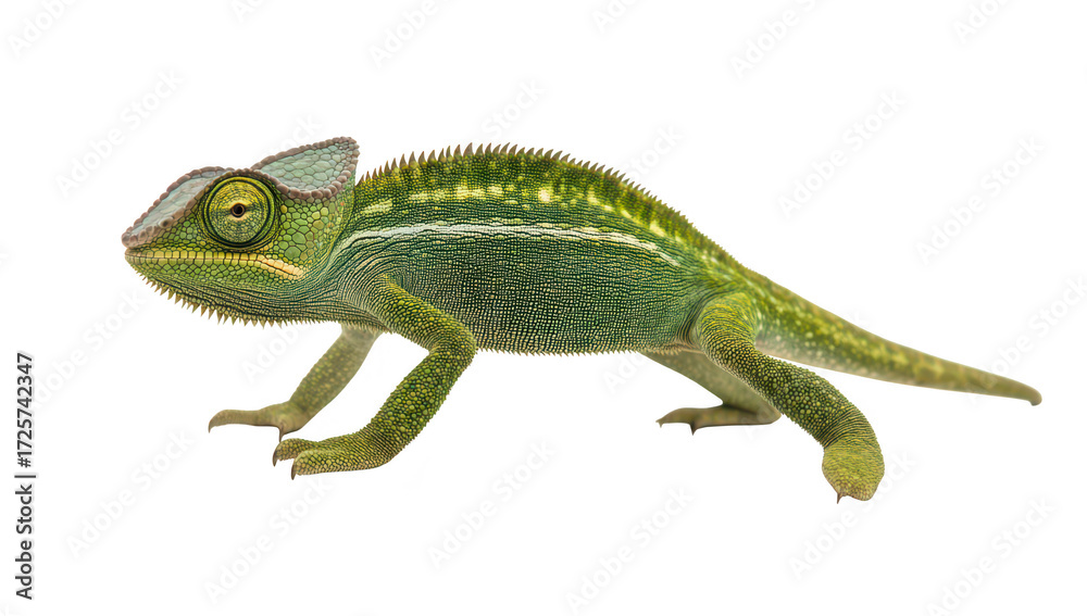 Fototapeta premium A green chameleon poised on a white background. its unique texture and colors. ideal for educational materials on reptiles and wildlife photography