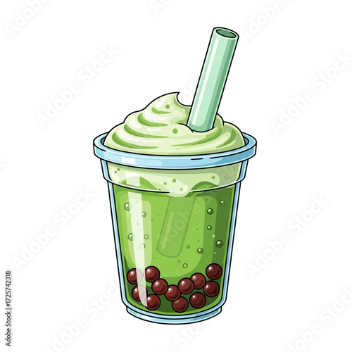 A refreshing green matcha bubble tea with tapioca pearls and a straw, presented in a clear plastic cup with a frothy topping.