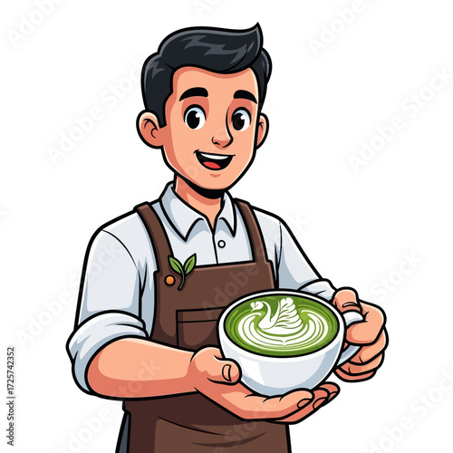 A smiling barista presents a beautifully crafted cup of green matcha tea with intricate latte art of a swan.