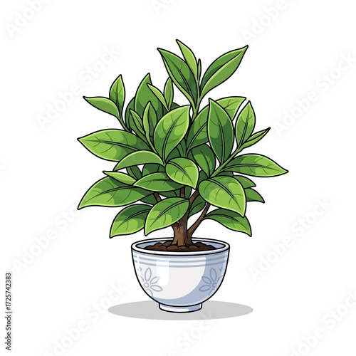 Lush green tea plant in a decorative ceramic pot, vibrant leaves, detailed illustration.
