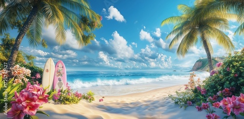 Calm Beach Scene With Surfboards and Tropical Flowers During a Sunny Day